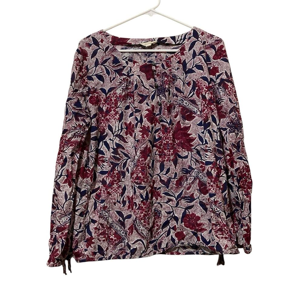 Lucky Brand Blouse Size L Cottagecore Bohochic Blue Red Floral Print Long Sleeve